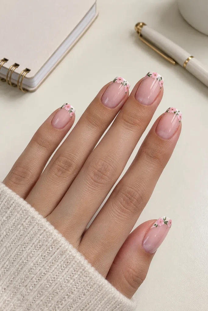 French tip nails decorated with tiny flowers and leaves