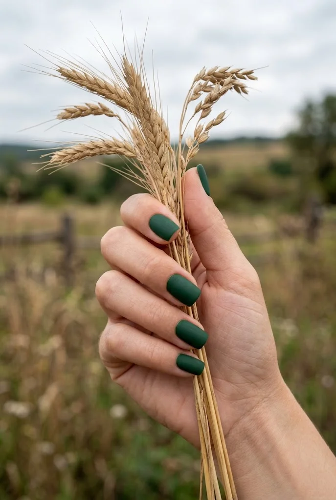 Hand holding wheat stalks, wearing matte forest green square nails in a field.