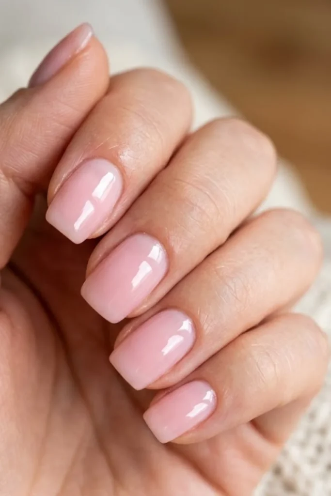 Short square nails with a glossy glazed pink finish resembling glass or sugar coating
