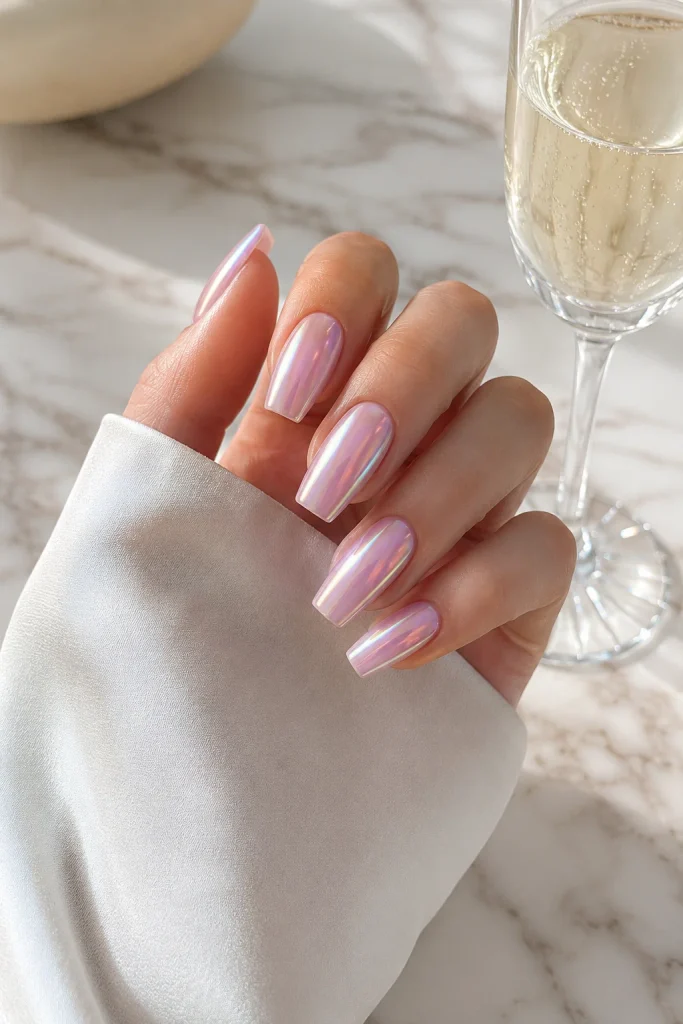 Glazed donut coffin nails with pearly finish