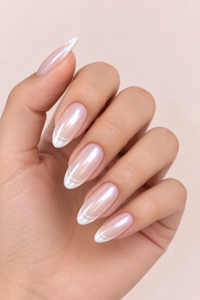 Glazed pearl double French tip soft glam nails
