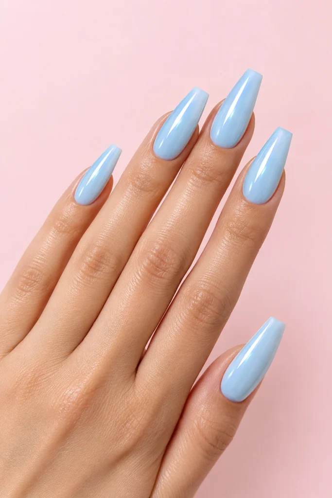 Pale sky blue coffin nails with glossy glazed finish