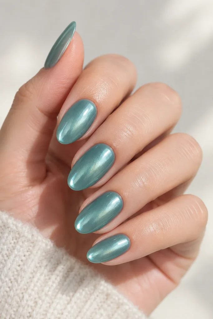 Glazed teal nails featuring soft pearl shimmer finish