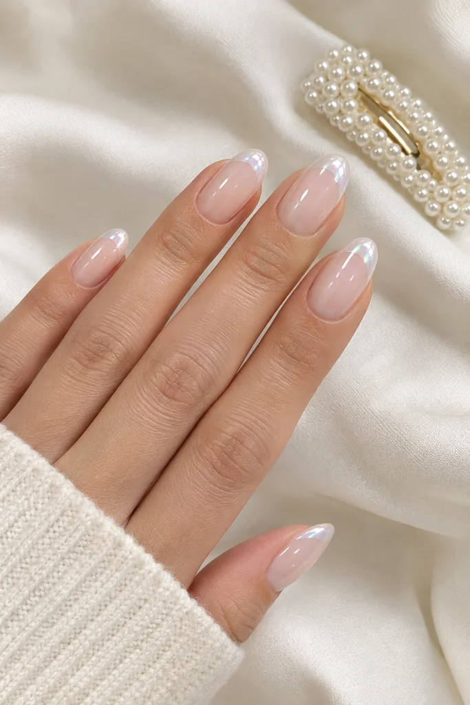 Glazed two tone French nails with pearl-like tips