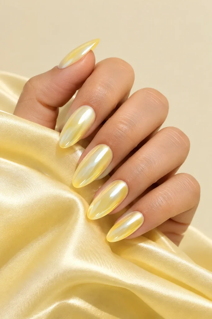 Glazed yellow chrome donut nails with glossy finish