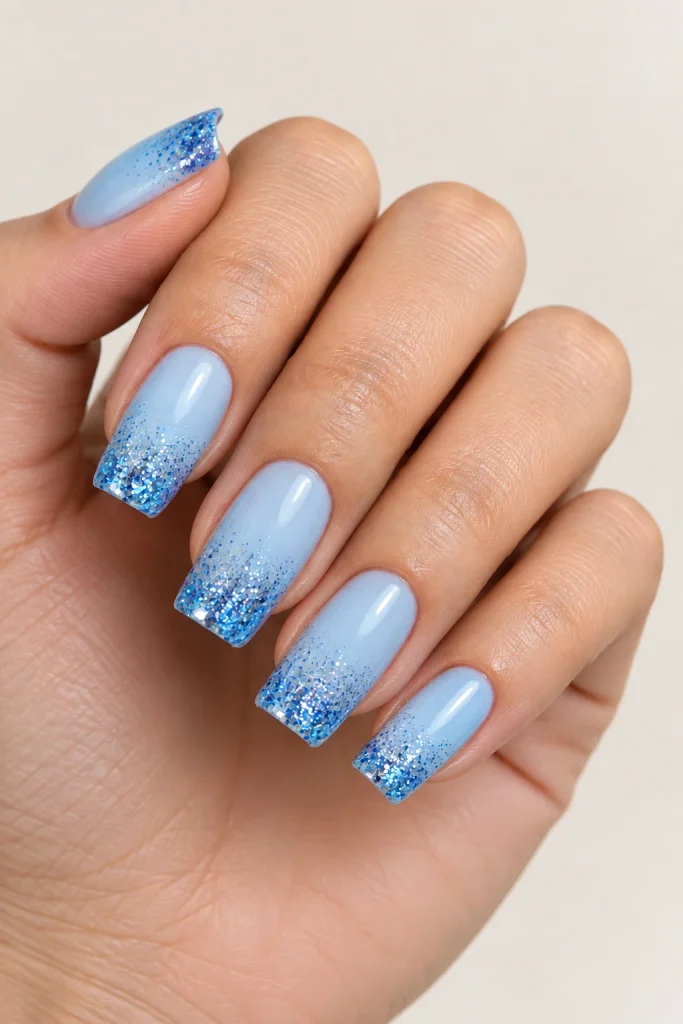 Blue ombre nails with glitter-dusted tips