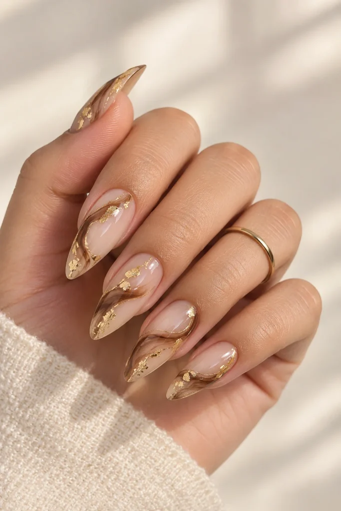 Gold foil brown swirl wedding nails with beige sheer base