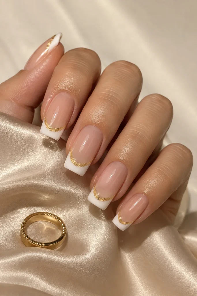 Two tone French nails with metallic gold foil