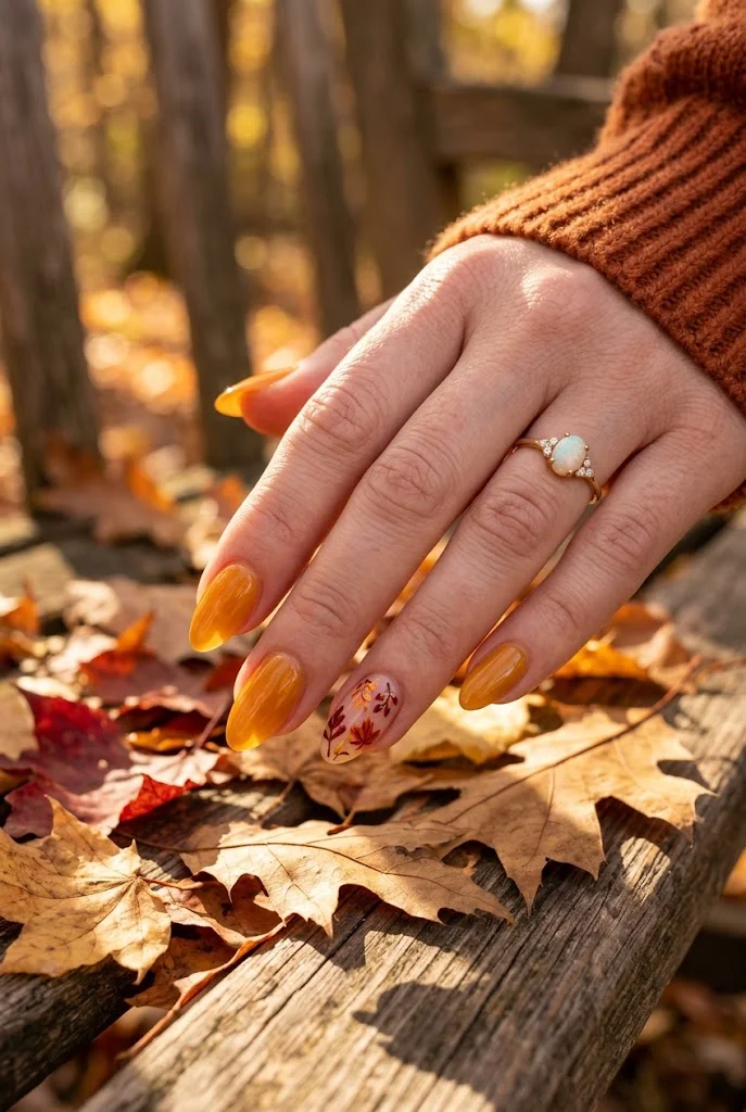 Golden amber almond nails with one hand-painted autumn leaf accent nail among fallen leaves.