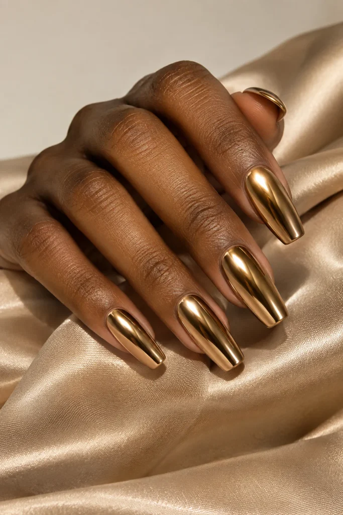 Golden bronze chrome nails on darker skin