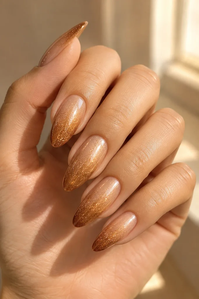 Golden bronze shimmer over warm brown ombre nails
