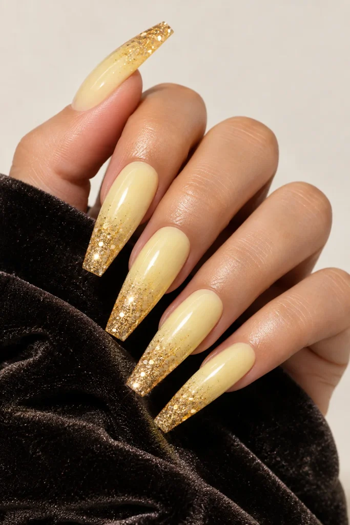 Golden glitter ombre coffin nails fading from yellow