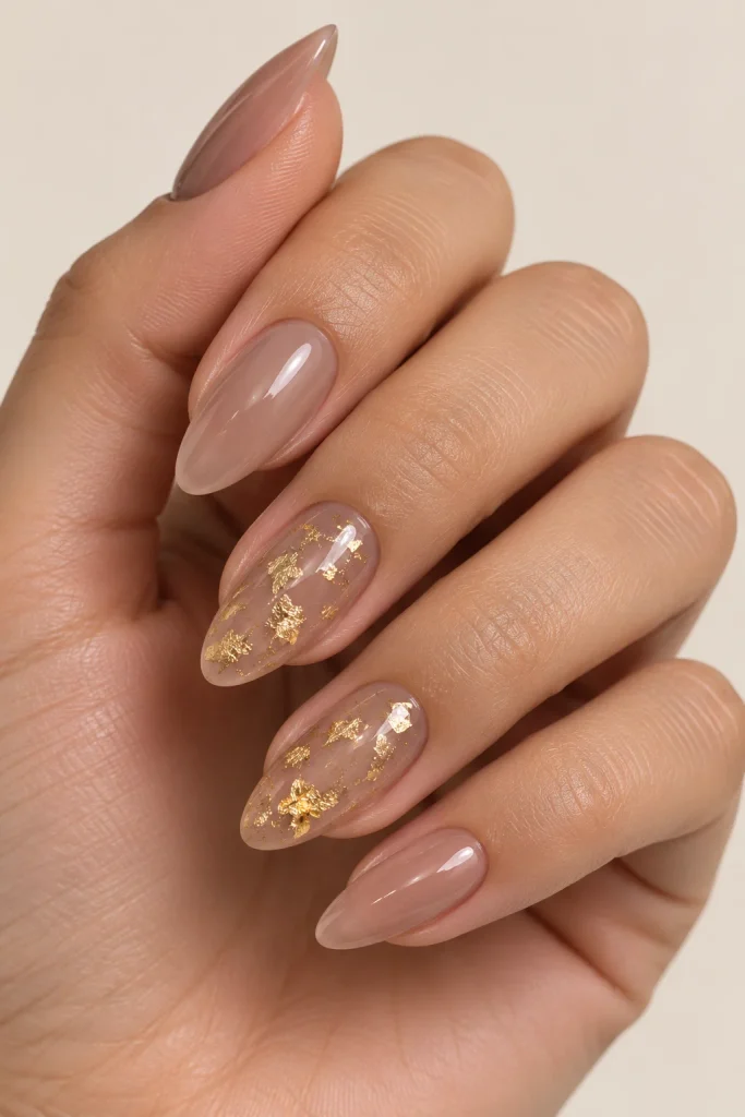 Sheer taupe nails decorated with delicate golden foil flakes