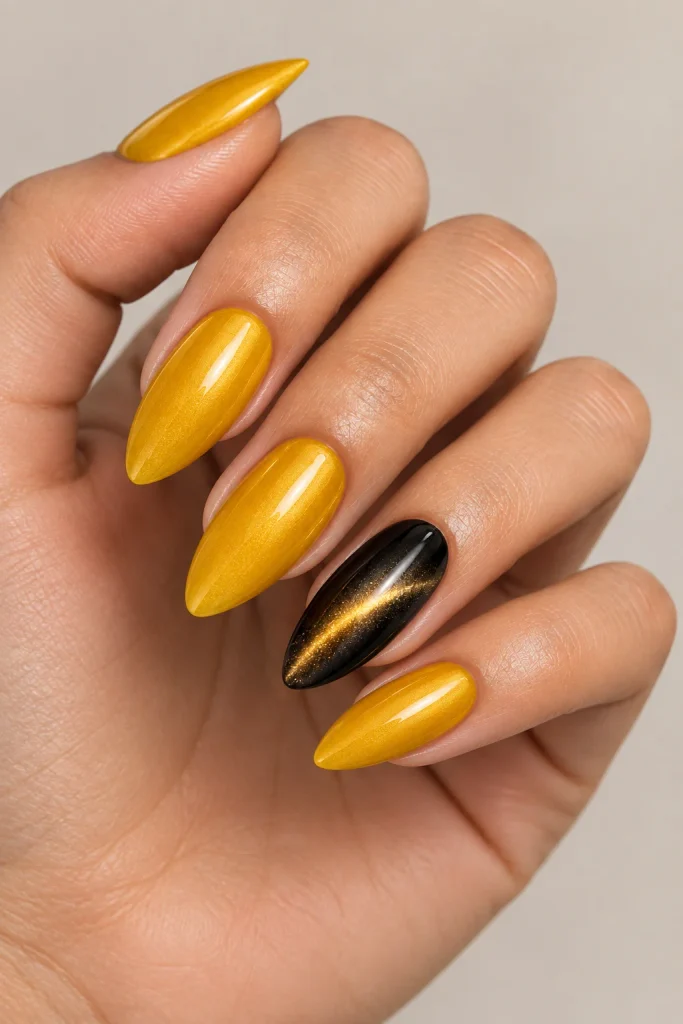 Golden yellow almond nails with black cat eye accent