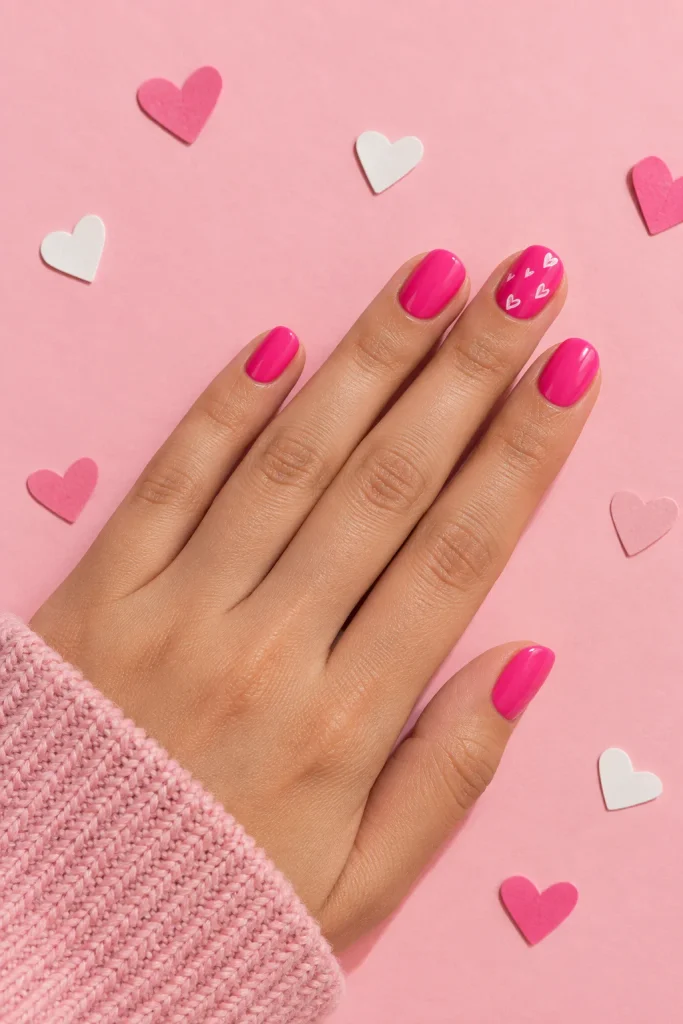 Hot pink nails with heart accent designs