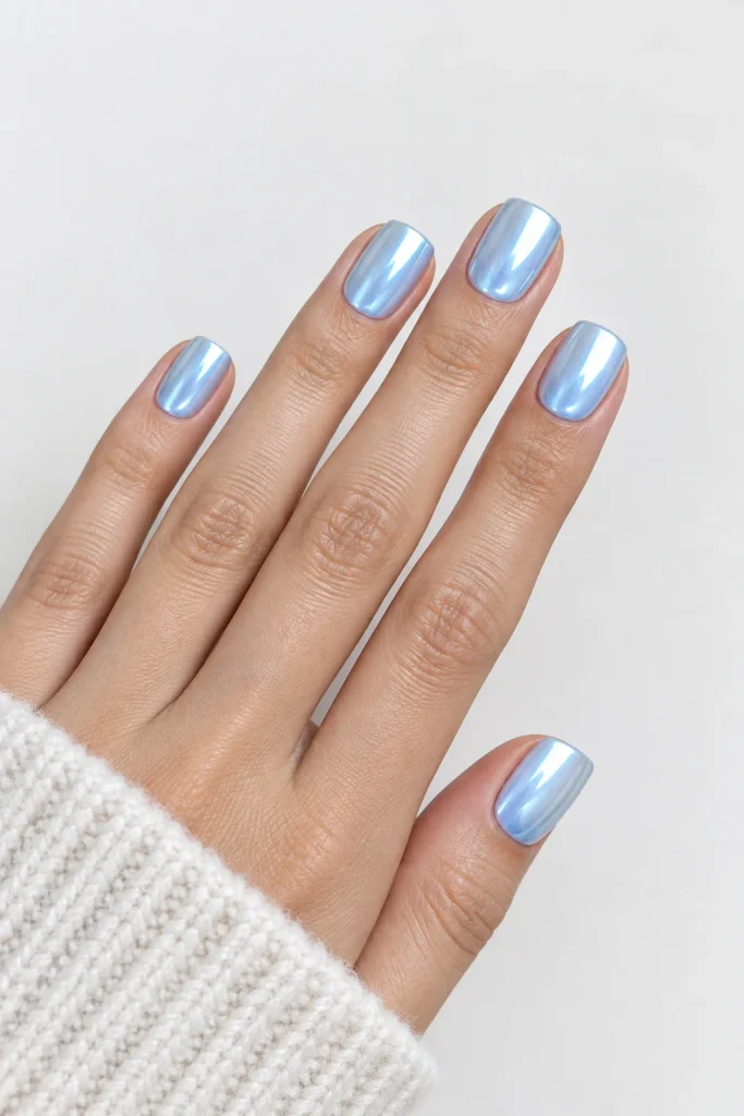 Icy baby blue chrome winter nails