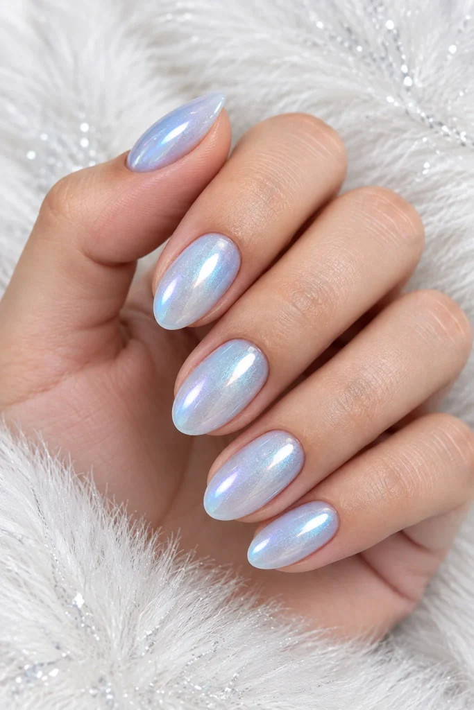 Icy blue glazed almond nails with pearl finish