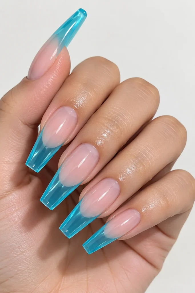Jelly blue French tips on long coffin nails