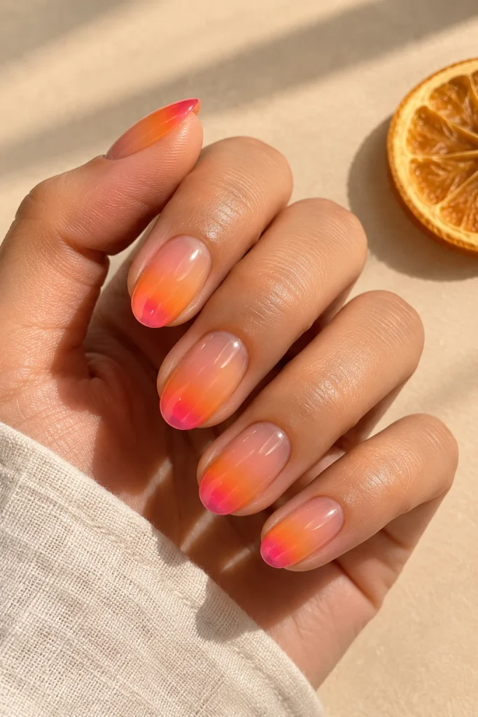 Orange and pink jelly two tone French tip nails