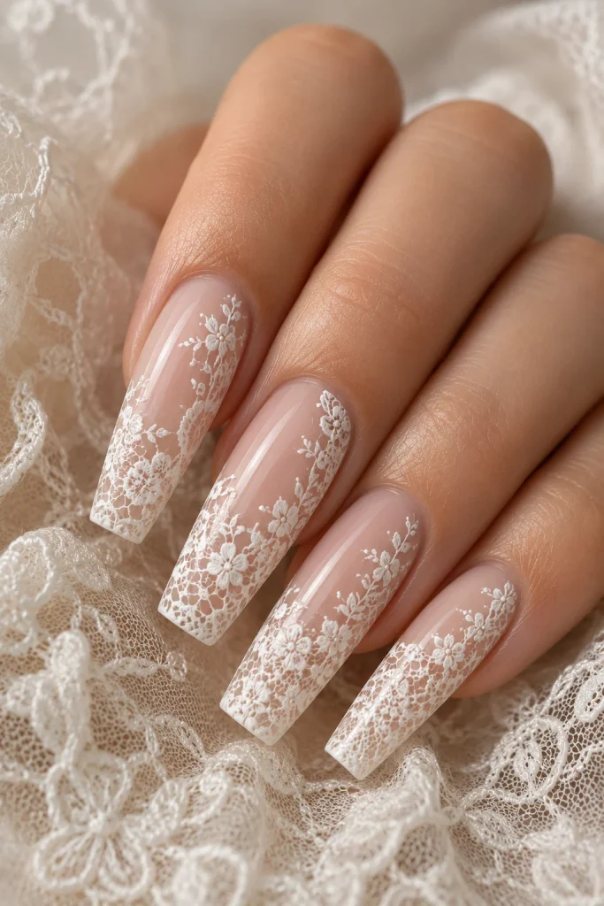 Lace inspired coffin wedding nails with white details