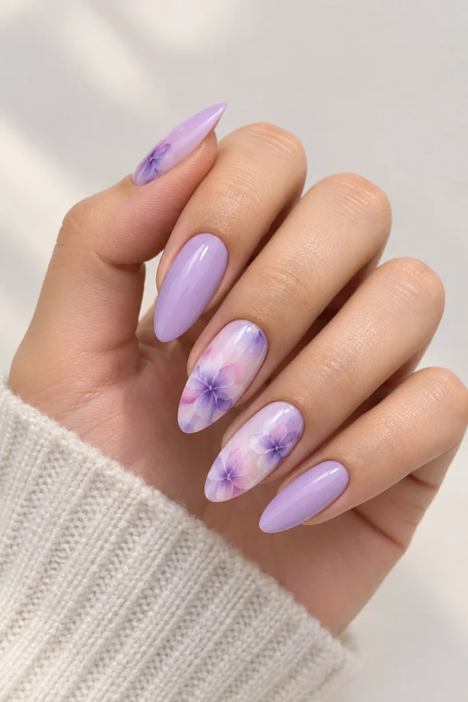 Lavender almond nails featuring soft watercolor floral blossoms