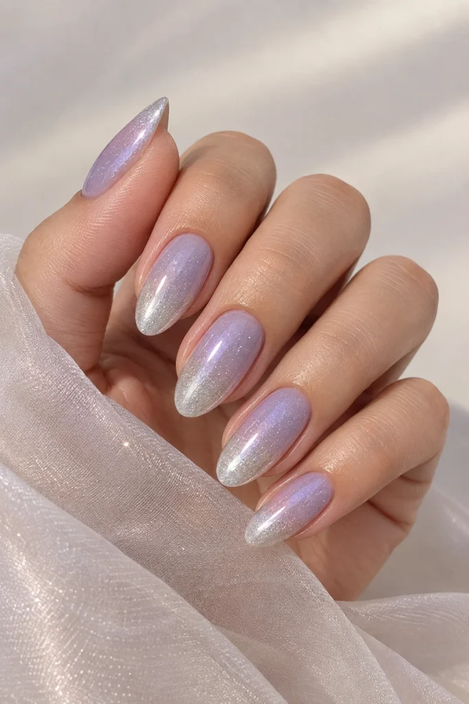 Lavender and silver shimmer ombre nail design