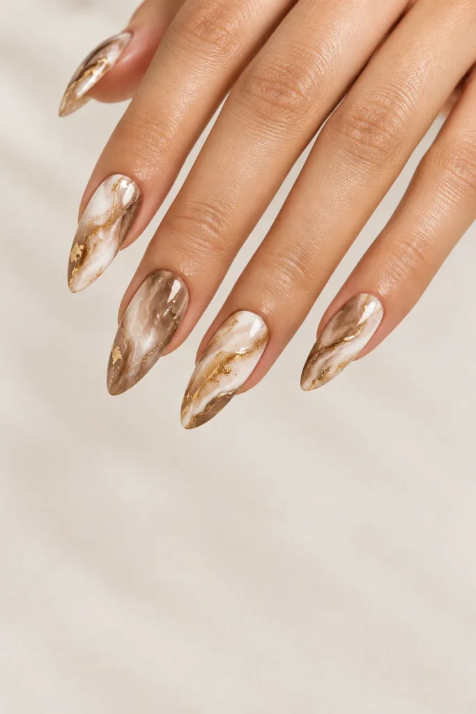 Mocha and cream marble nails with delicate gold flakes