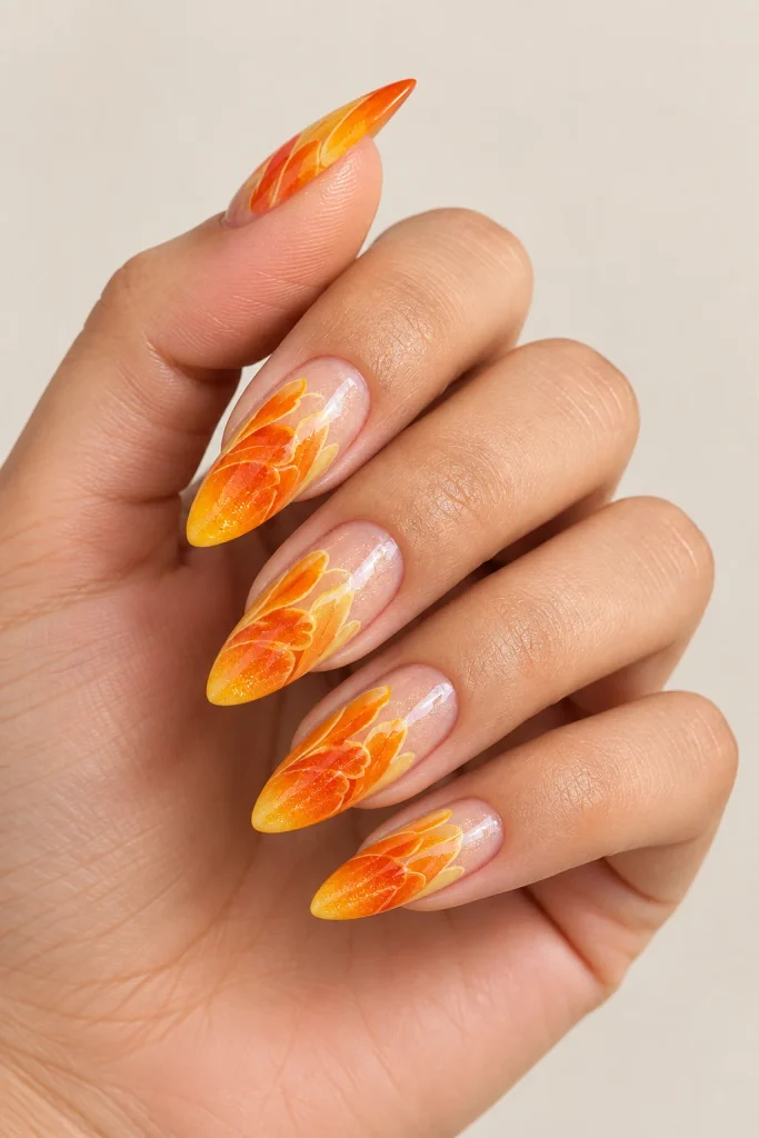 Marigold petal Mexican nail ideas with orange yellow gradient