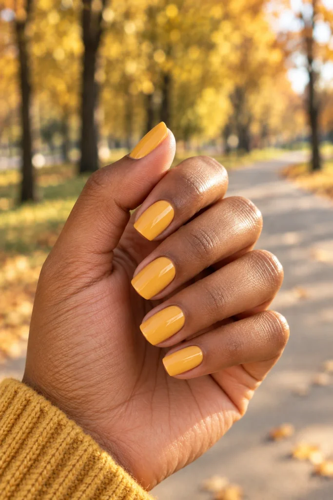 Marigold yellow glossy fall nails for dark skin