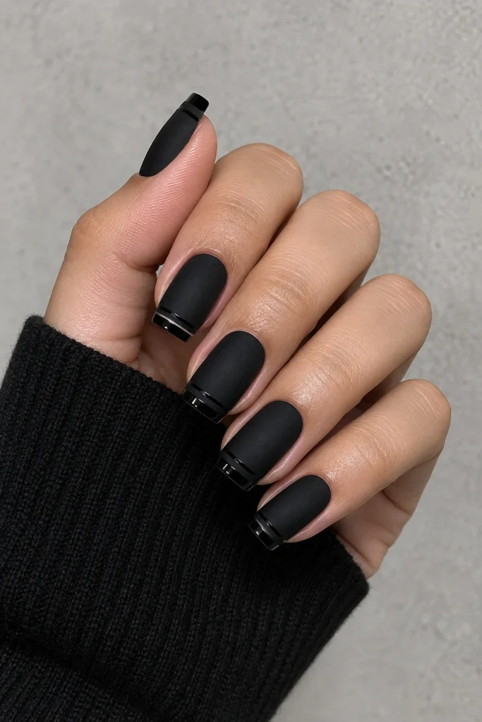 Matte black double French tip minimalist nails