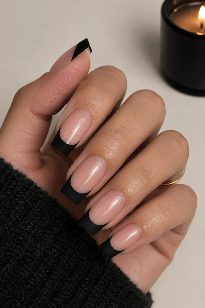 Matte black tips with glossy nude French manicure base
