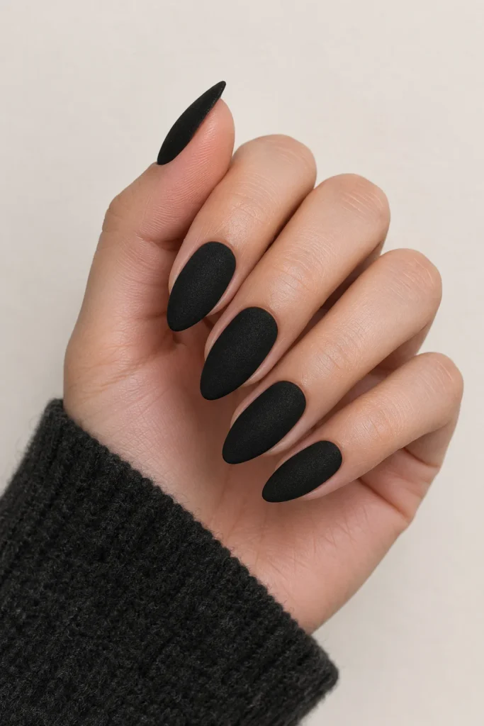 Matte black velvet almond nails soft finish