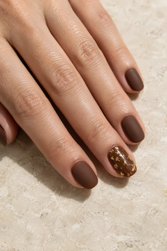 Matte brown nails with gold leaf accent nail