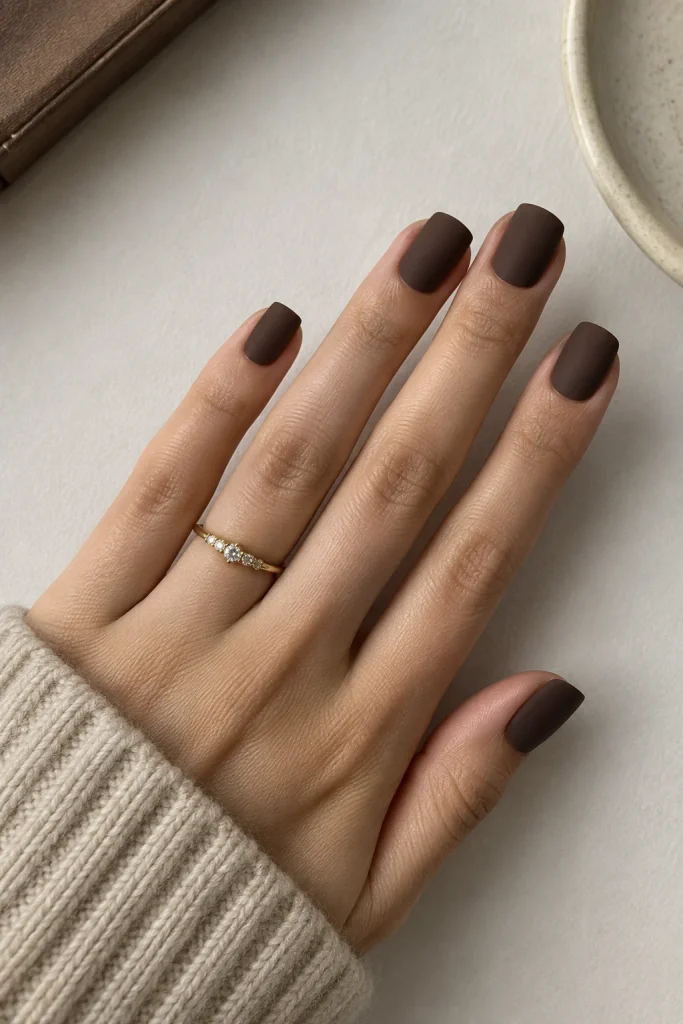 Matte chocolate brown short squoval nail design