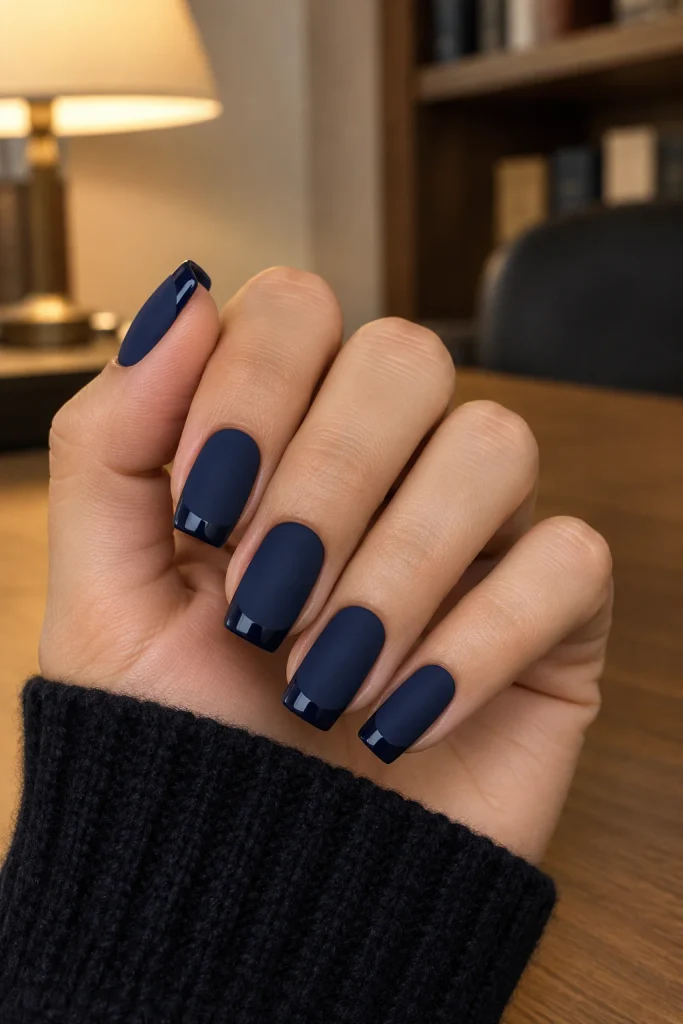 Matte midnight blue nails with glossy French tips