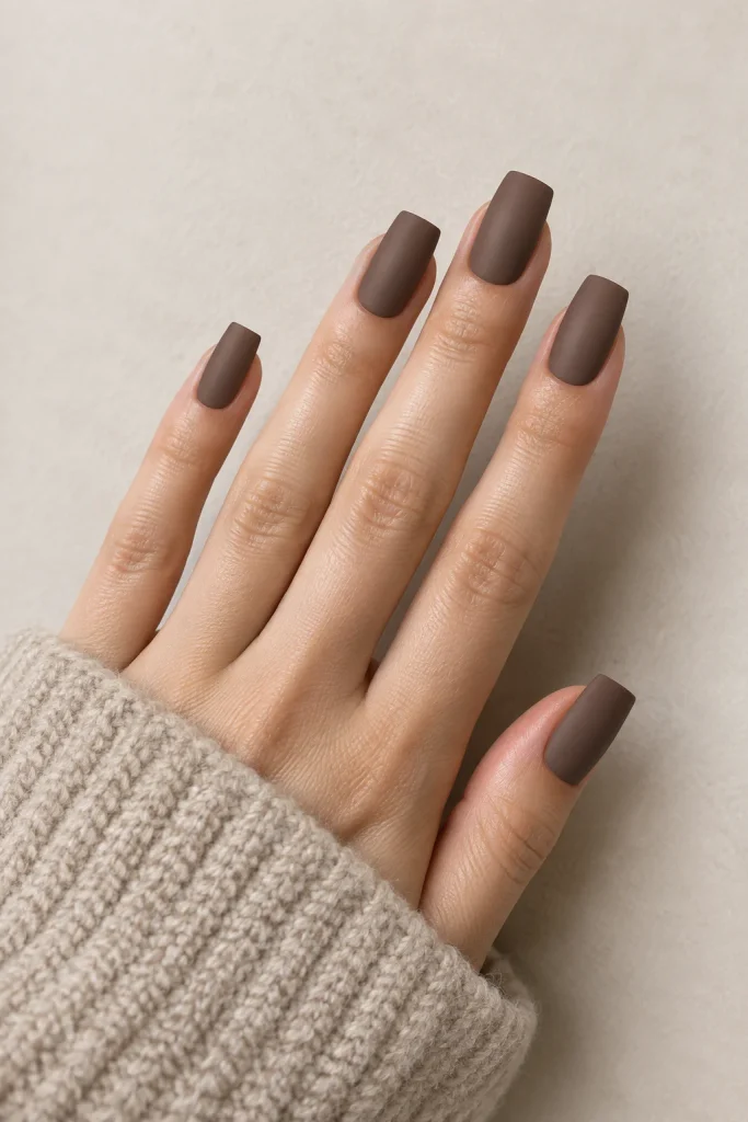 Matte mocha brown squoval nails with a soft finish