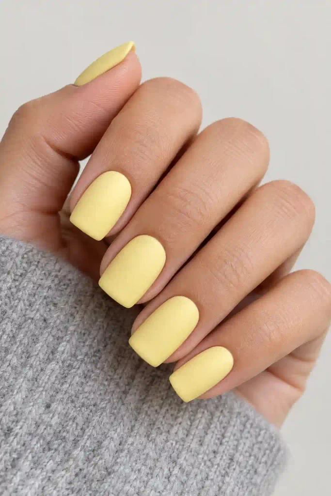Matte pastel yellow nails with smooth finish