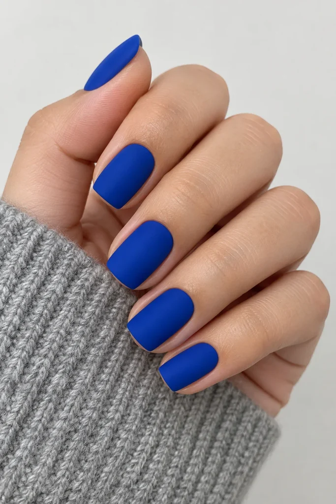 Matte royal blue nails with smooth velvety finish