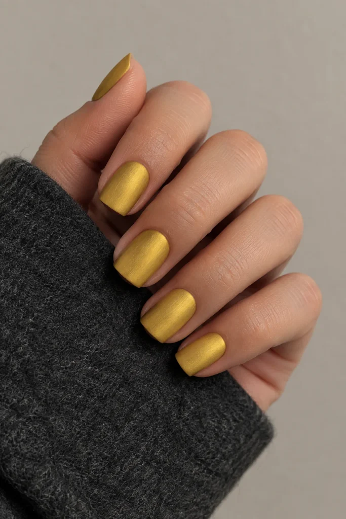 Matte yellow chrome on short square nails