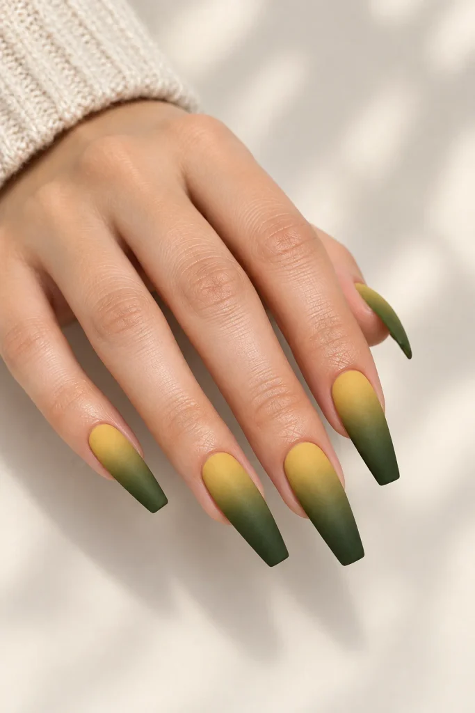 Matte yellow to olive ombre almond nails