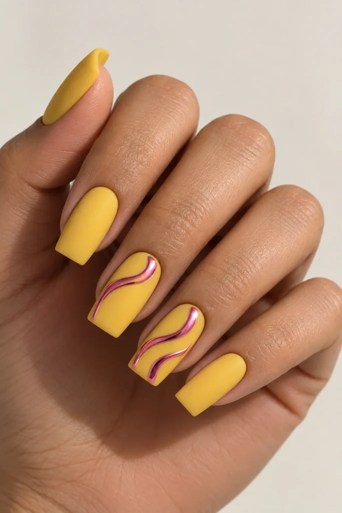 Matte yellow nails with pink chrome swirl accents