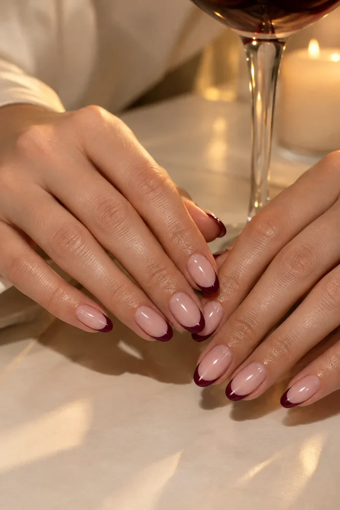 Merlot French tip nails over a soft pink base