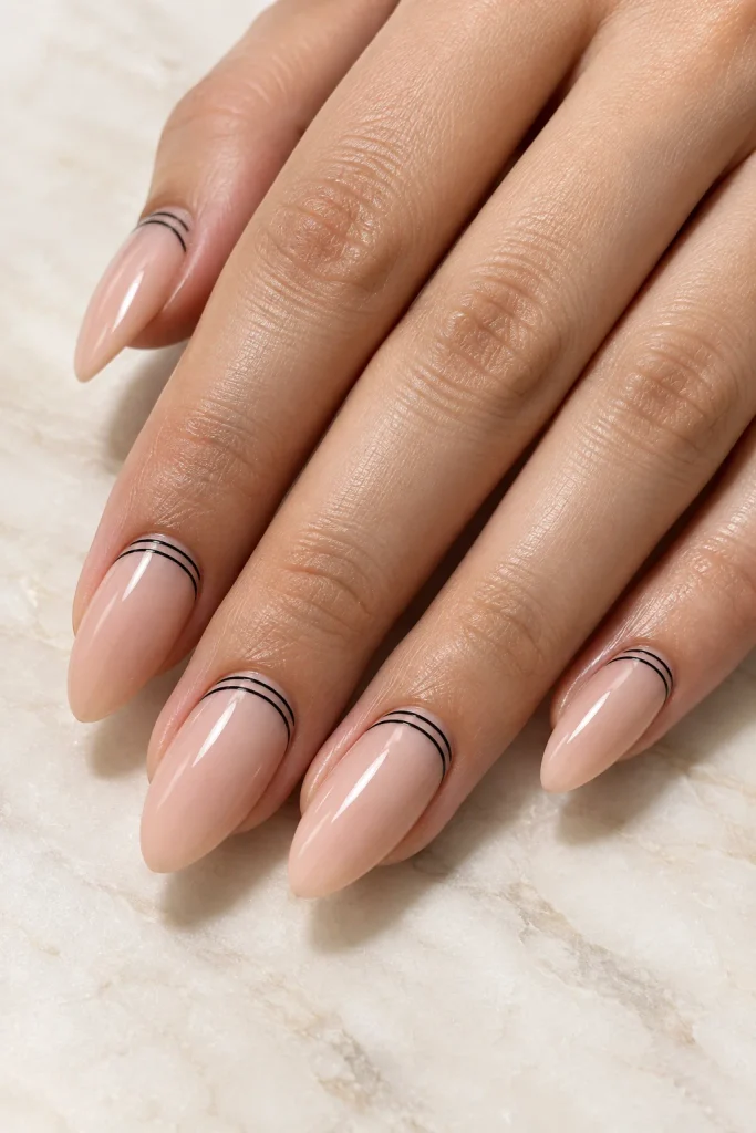 Nude nails with delicate micro black line details