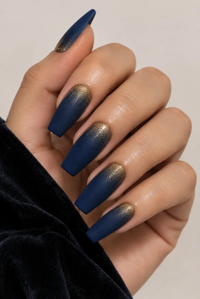 Midnight blue velvet nails with gold dust accents