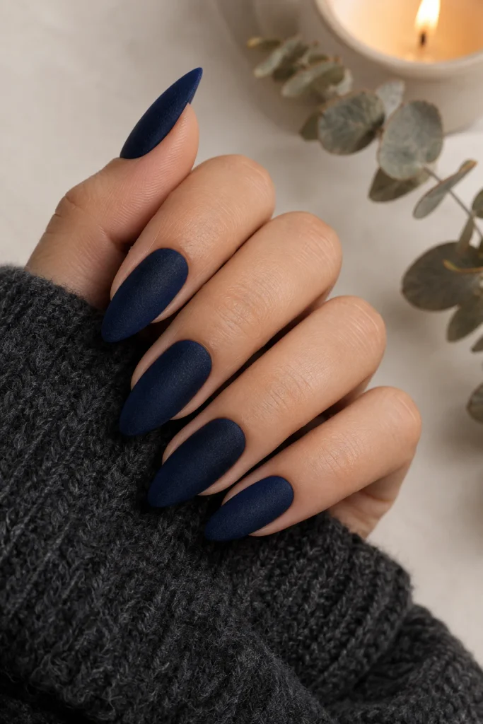 Midnight navy velvet blue fall nails on almond shape