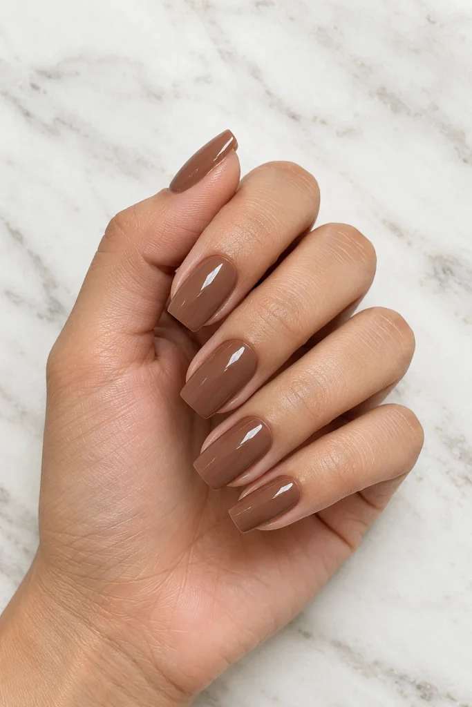 Milk chocolate brown square nails with glossy finish