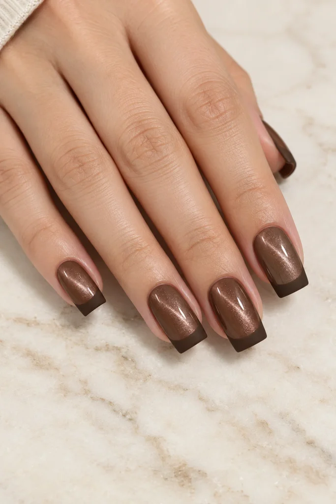 Milk chocolate cat eye nails with smooth matte tips