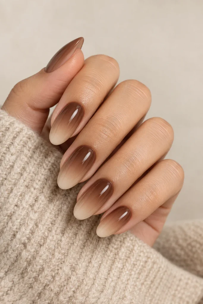 Milk chocolate ombre nails fading into soft beige