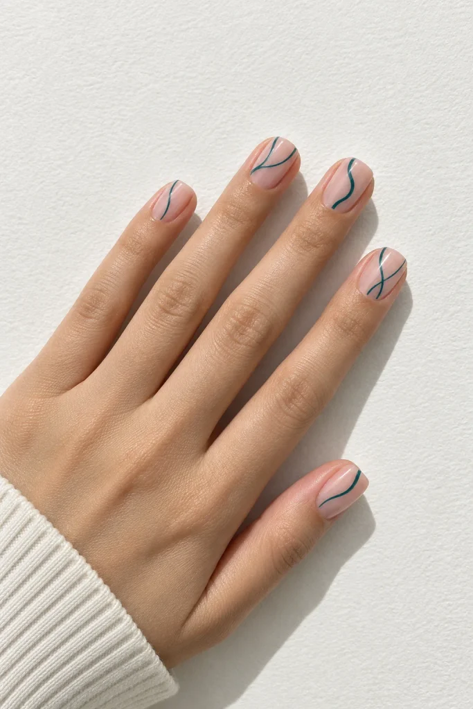 Minimalist teal line art on sheer nude nails