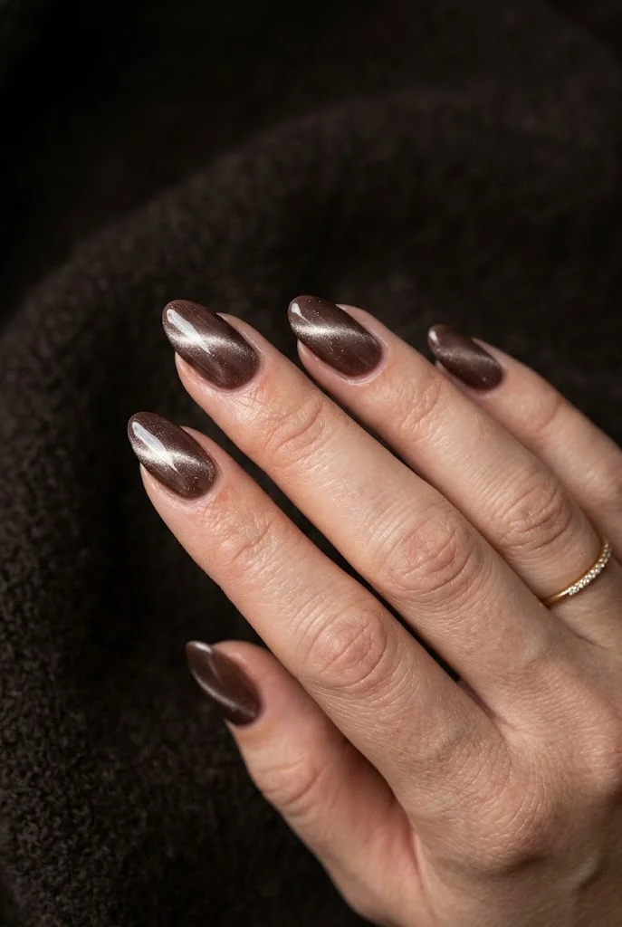 Mocha brown almond nails with shimmering cat-eye light line on dark fuzzy fabric.